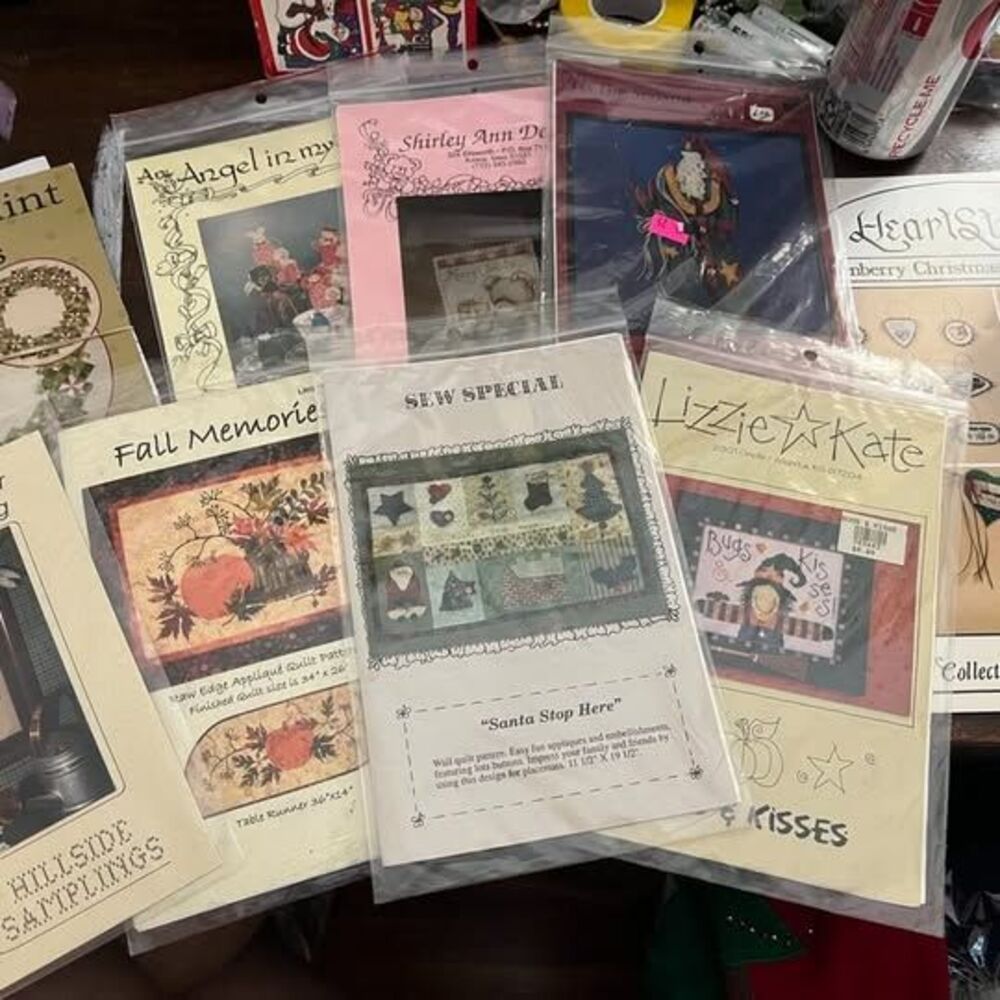 Lot of Hillside Samplings, Lizzie Kate, and All Through the Night Quilt & Cross